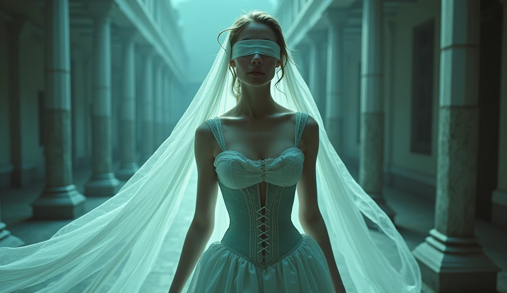 Bird´s-eye view, blindfolded White french woman with super extremly tight tiny waist and see through sheer turquoise corset, beautiful ta dress with petticoat, blindfolded and a long white veil, Bird´s-eye view, sf, intricate artwork masterpiece, ominous, matte painting movie poster, golden ratio, trending on cgsociety, intricate, epic, trending on artstation, by artgerm, h. r. giger and beksinski, highly detailed, vibrant, production cinematic character render, ultra high quality model