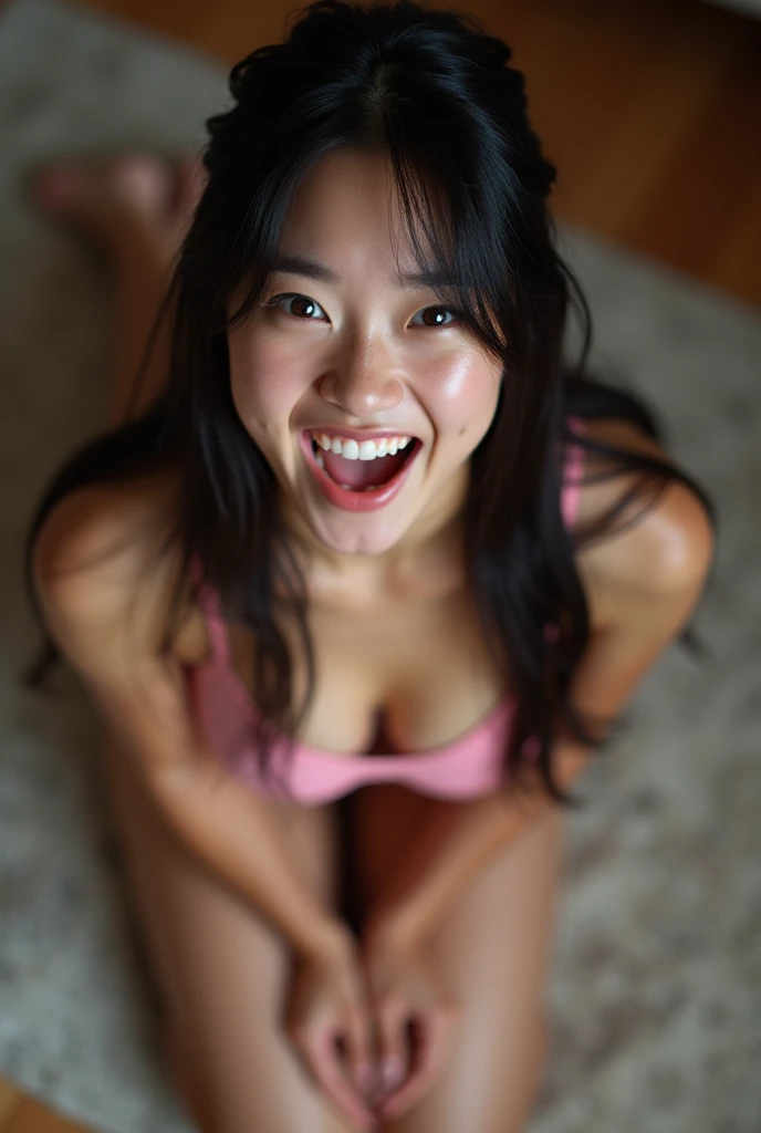 female japanese , mouth very wide open and smiling, eyes wide open in a crazed look, long hair, wearing pink lingerie, extreme skin detail, ultra realistic, 8k, wallpaper, kneeling on floor, viewed from above
