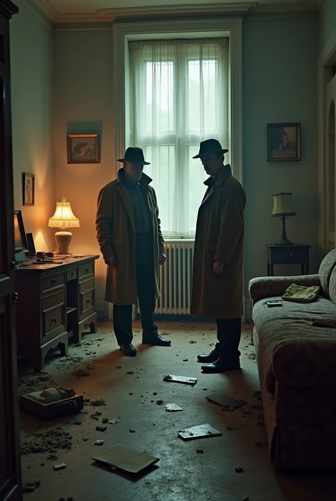 Detectives in a room that has broken furniture on the floor and everything lying around