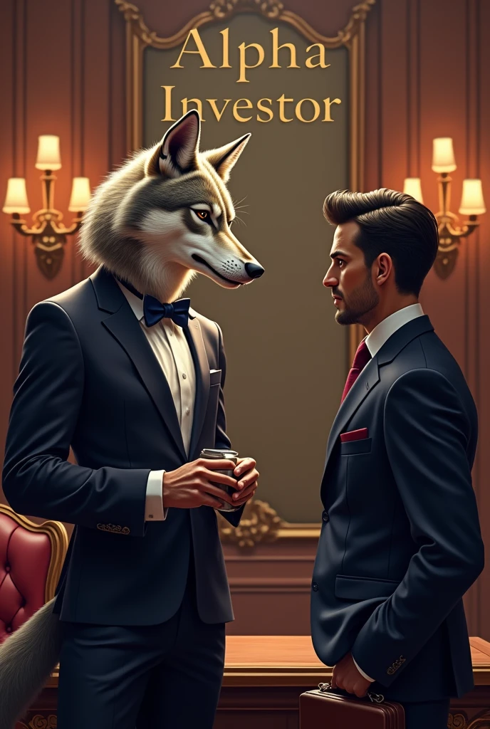 Banner 16:9 of a wolf in a suit and bow tie closing a deal with an executive with the words 'Alpha Investor' in the background, Digital illustration, Realisric, 4k, Detailed, vintage, Office lighting