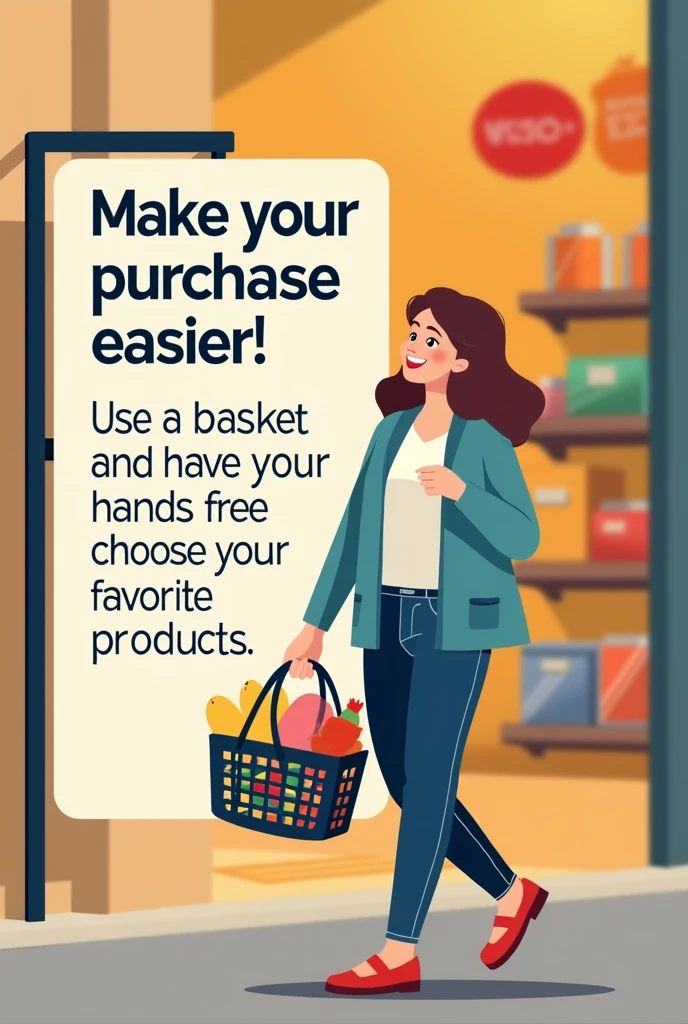 create a 25cm x 35cm rectangular sign to encourage the use of shopping baskets, where there is a happy person shopping with a basket in their hand and that has the phrase written on it "Make your purchase easier! Use a basket and have your hands free to choose your favorite products." and that everything is in Portuguese