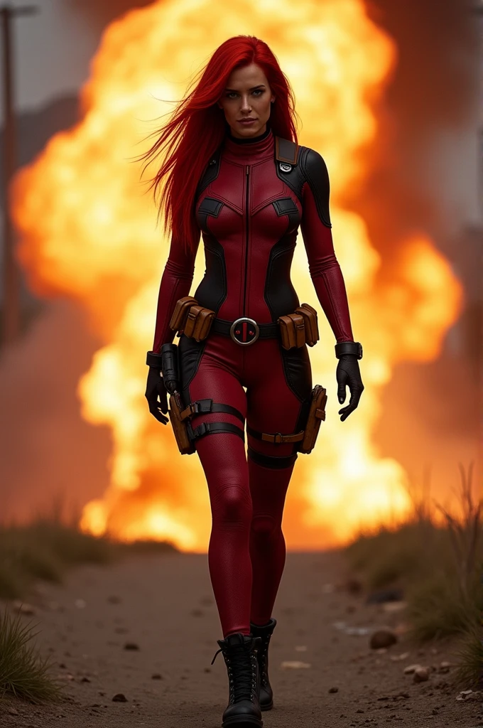 (full body shot:1.7) photorealistic image of a (walking pose:1.7) ultrarealistic, photography, long red hair, woman, 24 years old, hourglass figure, perfect body, Flirty look, natural medium breasts, wearing a female deadpool costume, walking away from an explosion in the background
