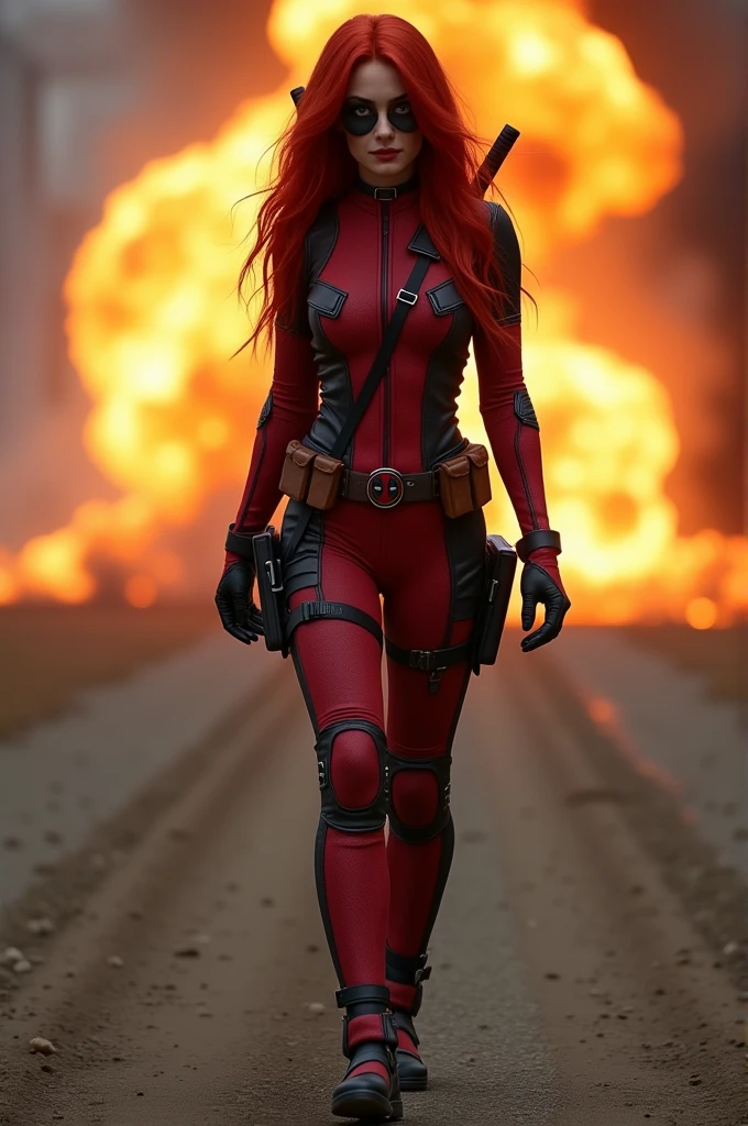 (full body shot:1.7) photorealistic image of a (walking pose:1.7) ultrarealistic, photography, long red hair, woman, 24 years old, hourglass figure, perfect body, Flirty look, natural medium breasts, wearing a female deadpool costume, walking away from an explosion in the background