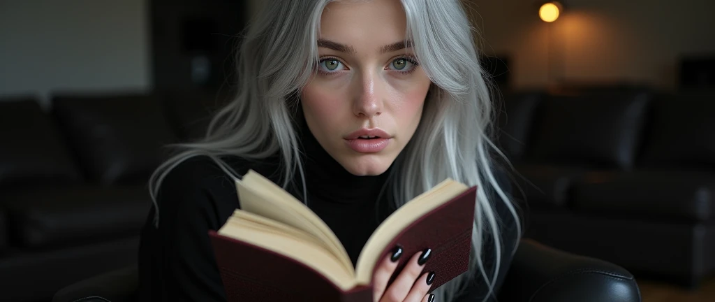 Beautiful white skinned girl, light gray hair, with bright shiny eyes, Shiny skin, Beautiful black manicure, Beautiful nails, Pearl skin, wearing black top and black leather pants, Beautiful detailed fingers, professional photo, 4K, high resolution, high detail, aesthetically pleasing, Beautiful, realistic, looking straight ahead, beautiful long nails, holding a book in the background of a dark living room.