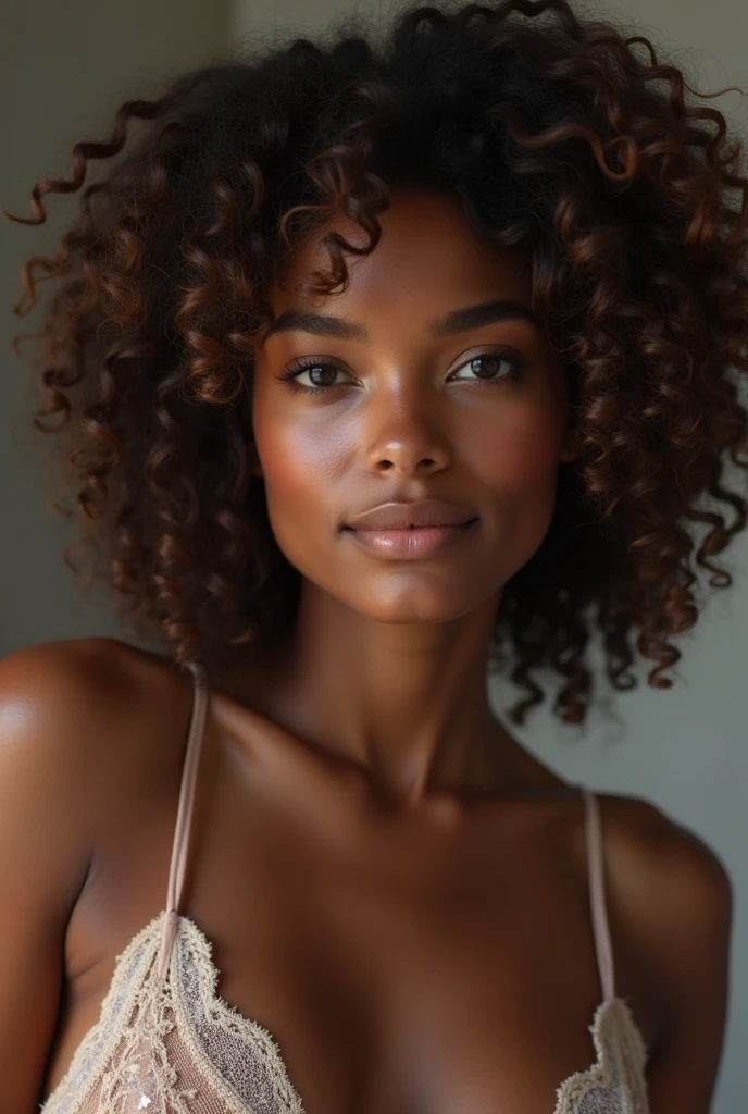 Elle a une peau d'un magnifique ton chocolat, lisse et éclatante. Son visage est délicat, avec des traits bien dessinés : des yeux brillants et expressifs qui attirent l'attention, des sourcils bien dessinés et des lèvres pulpeuses qui se courbent souvent en un sourire chaleureux. Ses cheveux, crépus et volumineux, tombent en boucles naturelles autour de son visage, ajoutant à son charme.
Sa silhouette est voluptueuse, avec une taille fine qui accentue ses courbes généreuses. Ses seins sont pleins et bien proportionnés, mettant en valeur sa féminité. Ses hanches sont larges et se terminent par des fesses bien rondes, qui lui donnent une allure à la fois séduisante et élégante. Elle dégage une confiance en soi qui attire les regards et laisse une impression durable. Elle suce un pénis et un bonbon