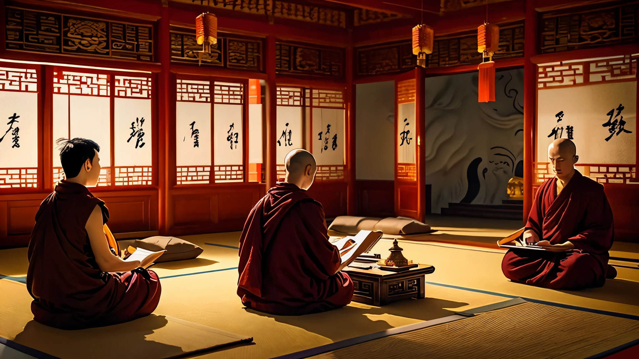An artistic representation of the introduction of the (((Buddhism in China))), showing Chinese monks in a temple, studying scriptures and meditating. The scenario must include [Buddha statues] and elements of Chinese religious architecture.