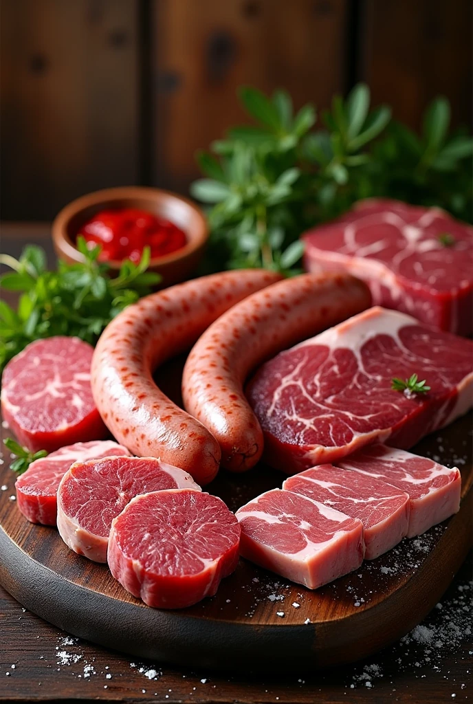 Image to promote butcher products, such as sausage, steak, pork ribs, solid needles, smoked chop
