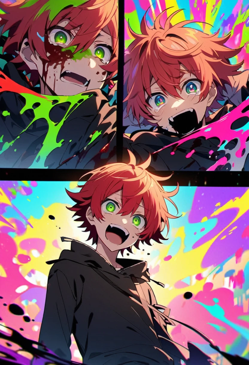 High resolution、Anime teenage boy with red hair and green eyes looking at the camera.、bright Eyes、Wear black clothes、colorful background、my hair is messy、Shadow body、bleeding、blood splash、dying、Laugh、cry
