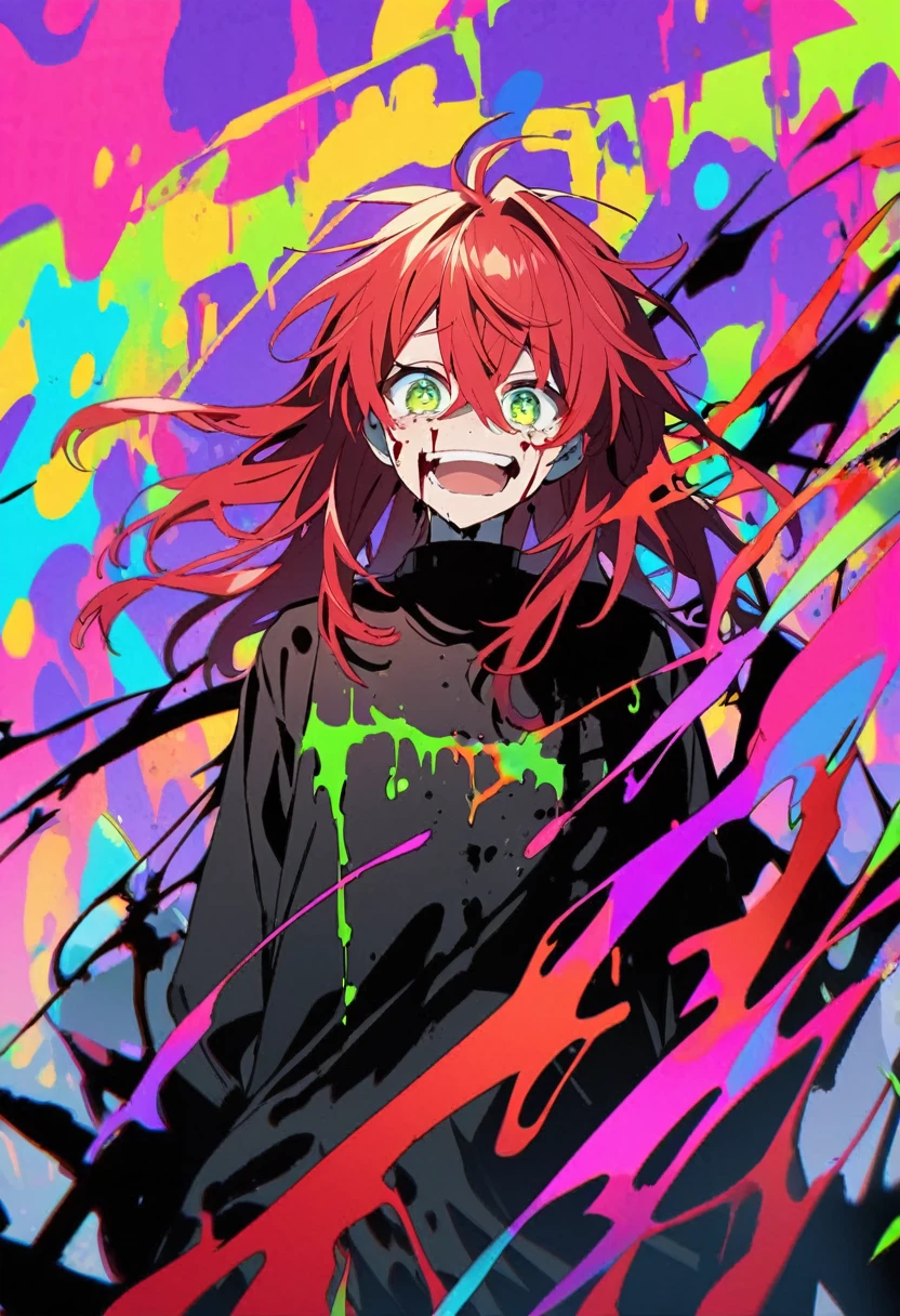 High resolution、Anime teenage boy with red hair and green eyes looking at the camera.、bright Eyes、Wear black clothes、colorful background、my hair is messy、Shadow body、bleeding、blood splash、dying、Laugh、cry