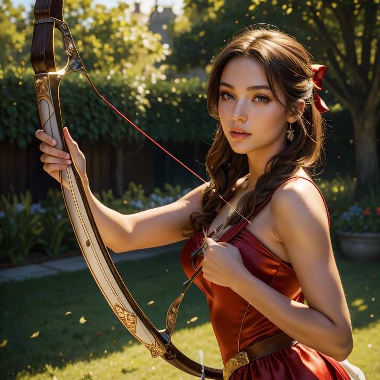 (masterpiece, best quality:1.5), highest quality, High resolution, super detailed, Realists, Upper body photo of a brunette archer, detailed and beautiful eyes, beautiful detailed lips, very detailed eyes and face, longeyelashes, Archer in elegant red short dress made of shiny satin fabric, Elegant details in the fabric. Beautiful and colorful makeup, Instructions for bow and arrow, Gardens as background, soft daylight, bright colors, fine brushstrokes, Portrait style, beautiful color palette, glowing skin, First-class rendering, that captures every detail, enchanting atmosphere, subtle shadows and lights, (perfect anatomy:1.2), (The stunning young archer with bow and arrow. (magnificent panorama view:1.2)