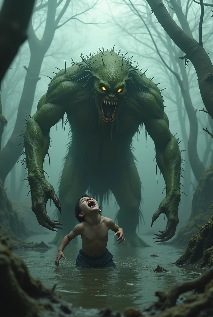 (photorealism:1.2), swamp monster dragging a into the mud, scary, foggy swamp environment, child crying