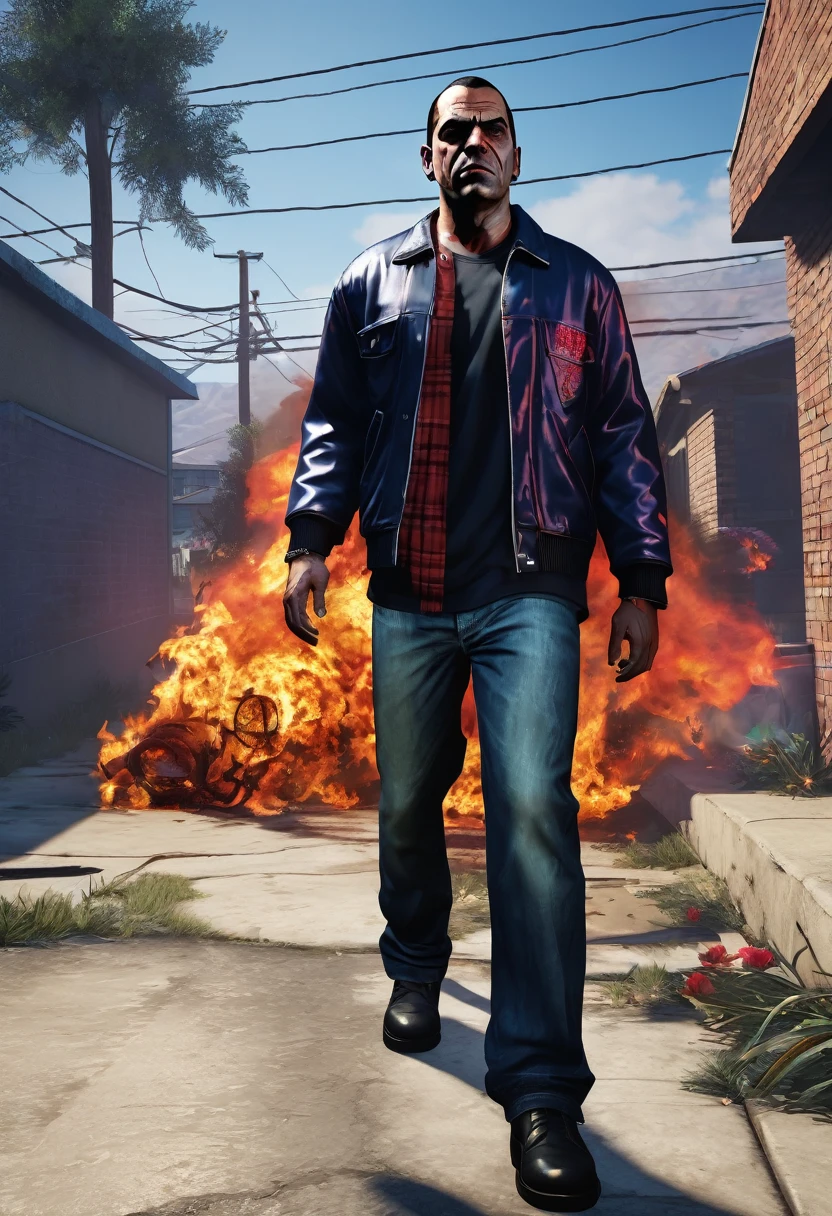 the God of the undead as a young criminal from GTA V,displaying his own power. ((resurrection,unnatural, parasite of life,cold,soulles)),((black,indigo,red)),(( Full figure wiew)). ((Three quarter wiew)).((deep wiew)),modern suburbs scenario background,photographic,ultra high resolution,hyperdetailed, masterpiece, 3d modelling, digital art.