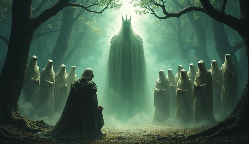 The stranger, who was none other than an ancient spirit of the forest, revealed his true form—a being of light and shadow, representing the balance between life and death.
facing the king, the king is an old wise looking man dressed in regal but worn-out attire, kneeling in front of the ancient spirit and others dead human souls rounded him