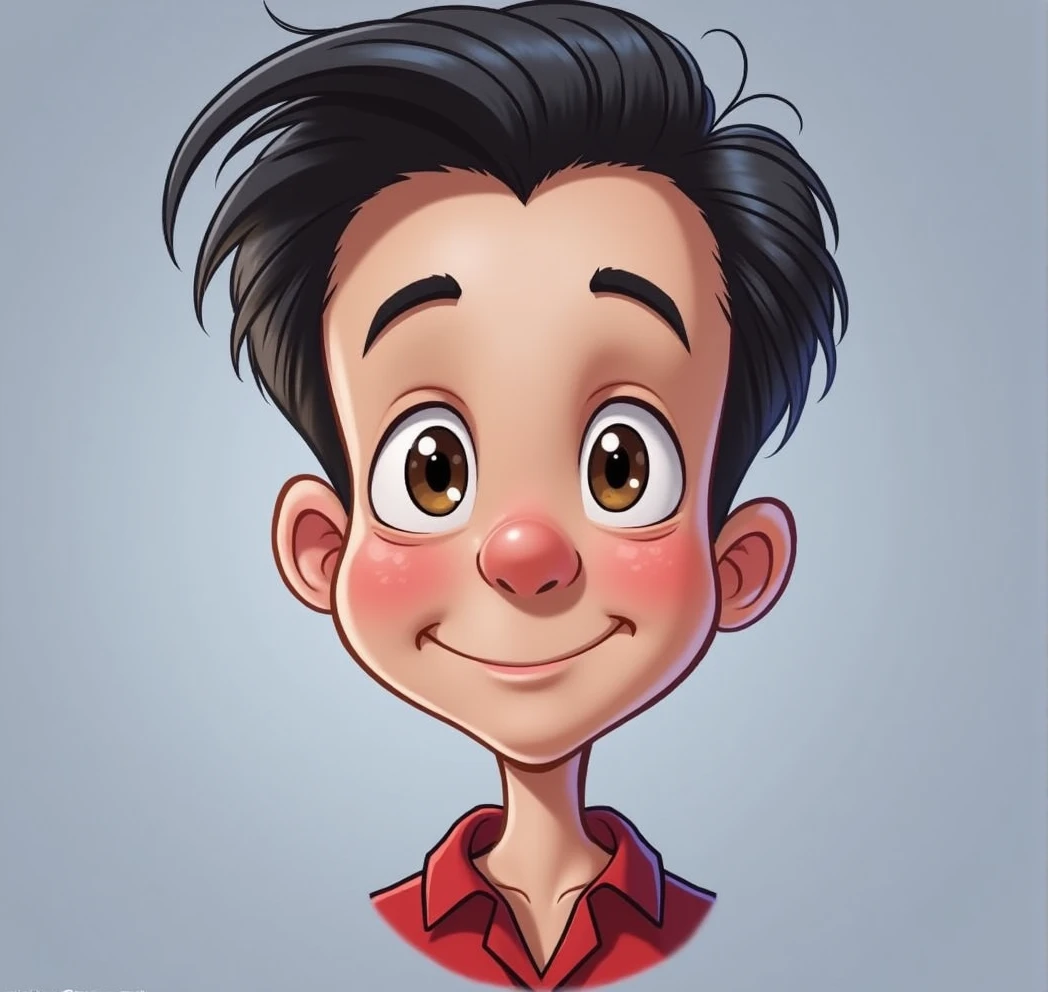 Big face of a teenager, moreno, Brown eyes, Red shirt, Black background, combed hair, black hair, hair down