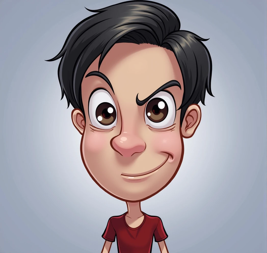 Big face of a ager, moreno, Brown eyes, Red shirt, Black background, combed hair, black hair, hair down