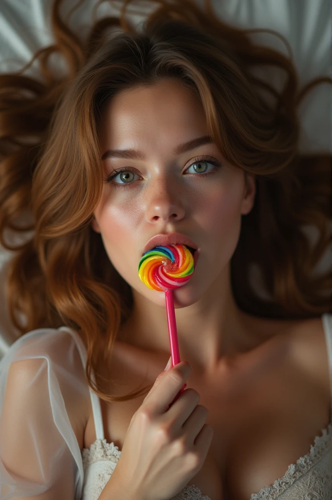 (full body shot shot:1) photorealistic image of a (Lying down posture:1) Woman, Ultrarealistic, fot, long hair loross, Woman, 24 years old, hourglass figure, perfectbody, seducing gaze, natural medium breasts, blur the background, her wet tongue licking a thick, long, rainbow-colored spiral lollipop, some saliva is dripping from your tongue, seducing gaze, long eyelashes, cat eye makeup
