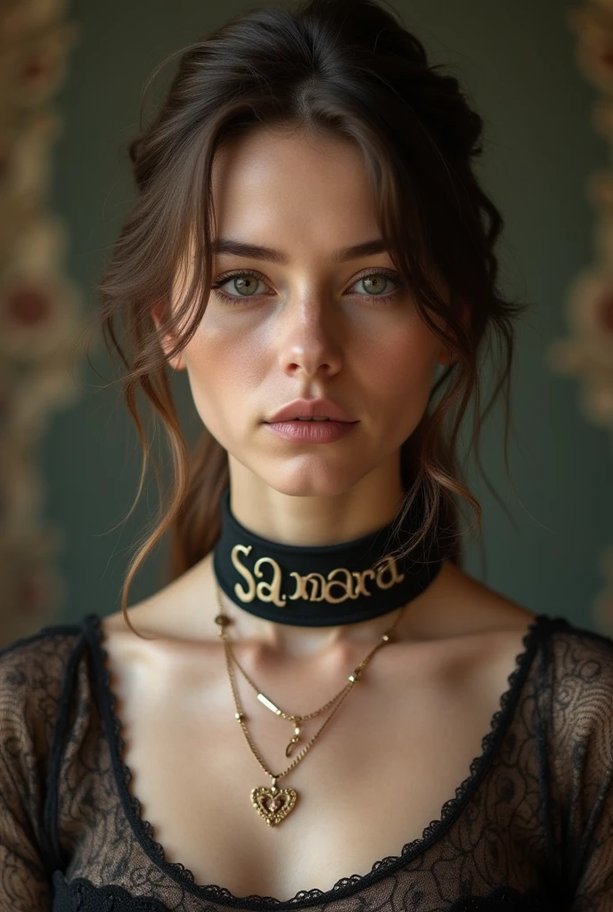 young adult woman wearing a collar with the name samara written on it