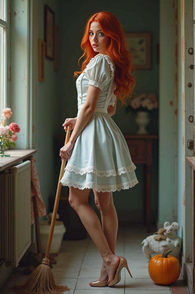 West Indian metisse, red hair, blue eyes, very slim, French maid uniform, doing housework in pumps, realistic photo