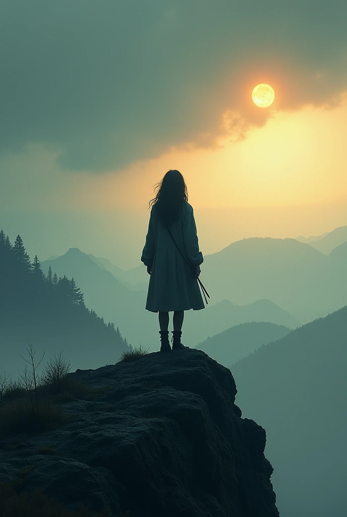 Cover of an apocalyptic book called "The last refuge"  of monsters shows a desolate place on top of a mountain with a silhouette of the female protagonist dressed comfortably 