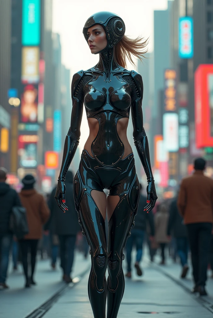 Woman's cyborg walking down the street in a crowd of people in the big city, defile show, high quality, best quality, absurdres, masterpiece, beautiful, intricate details, 1/2 body crop, slim body, beautiful figure, magnificent anatomy, (intricate details:1.12), HDR, (intricate details, hyper-detailing:1.15), (natural skin textures, hyper realisitc, soft light, Sharp:1.2)