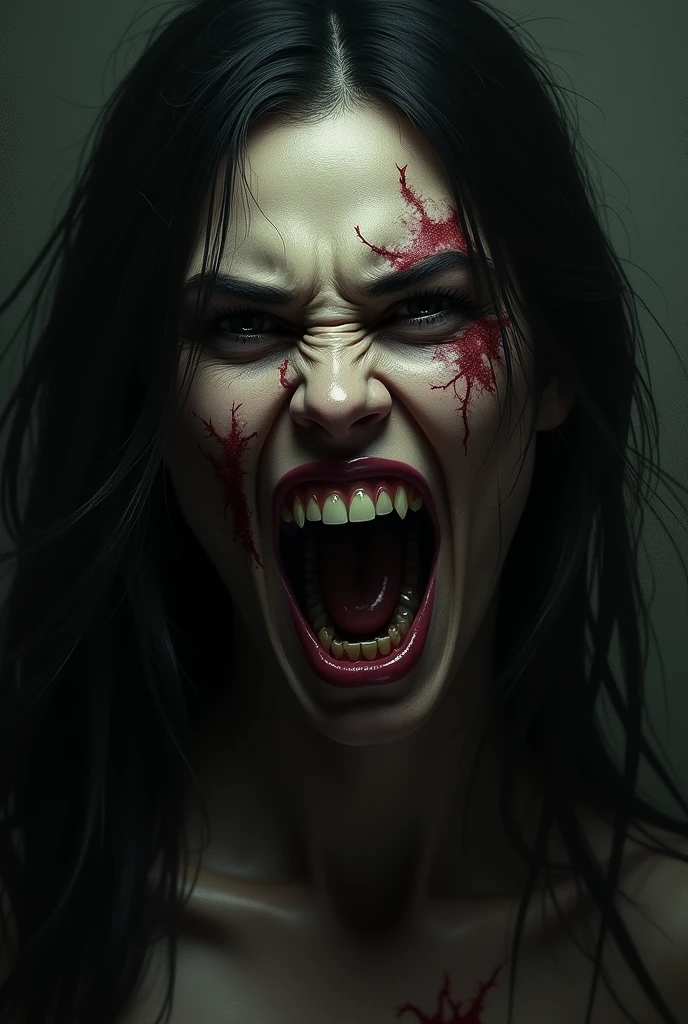 Another Scary angry women with  scary scars and stitches on face 