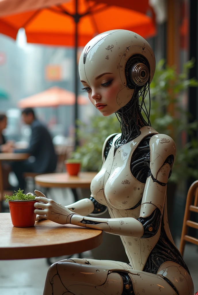 A cyborg girl sits at a table in a street cafe, Best quality, high quality, absurdity, happiness, masterpiece, Beautiful, complex parts, 1/2 body trimmings, slender body, Beautiful figure, Magnificent Anatomy, (complex parts:1.12), HDR, (complex parts, hyperdetailing:1.15), (natural skin textures, hyperrealistic, soft light, spicy:1.2)