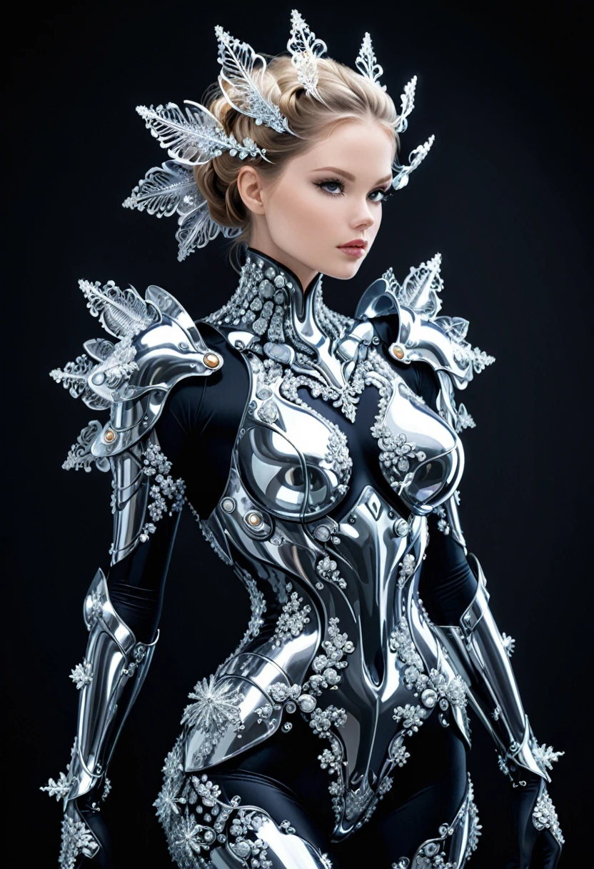 in style of  Megan Hess,(in style of Nick Veasey:0.6),shiny Mandelbrot bodysuit armor,1girl,