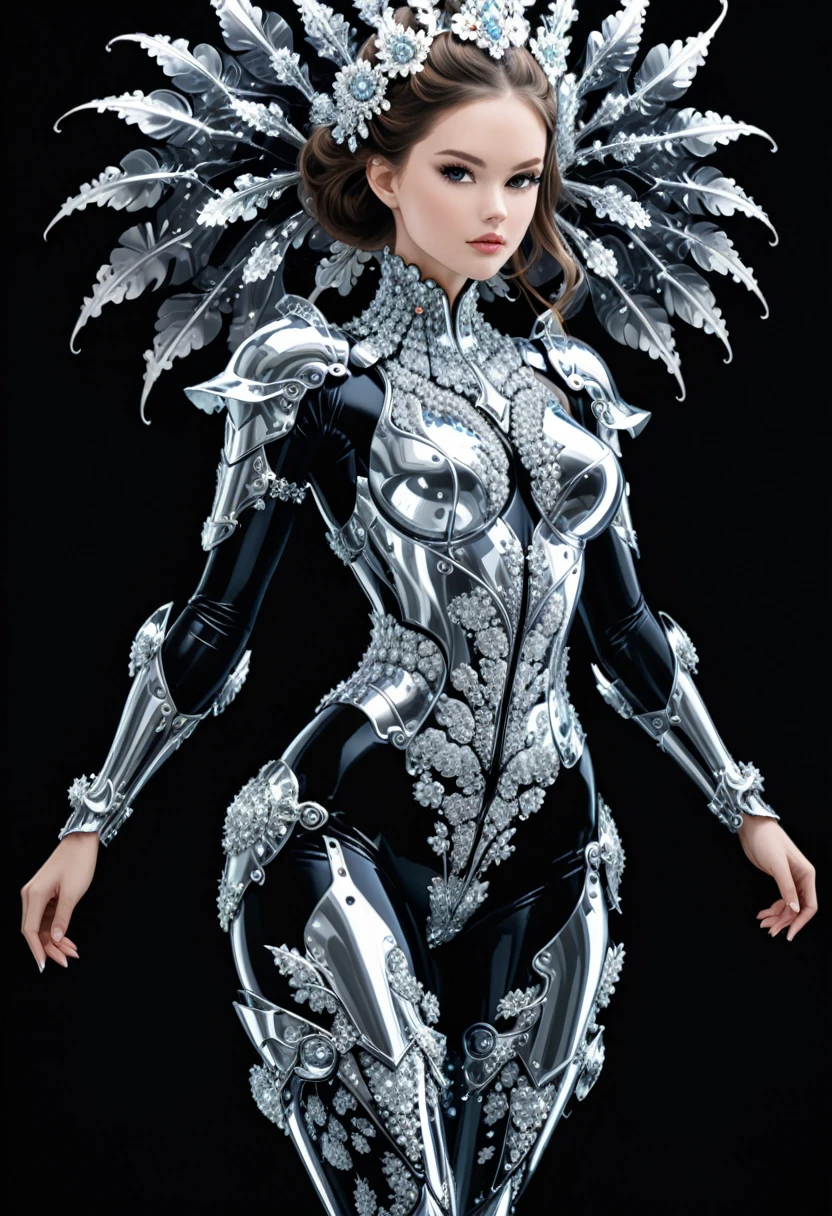 in style of Megan Hess,(in style of Nick Veasey:0.6),shiny Mandelbrot bodysuit armor,1girl,