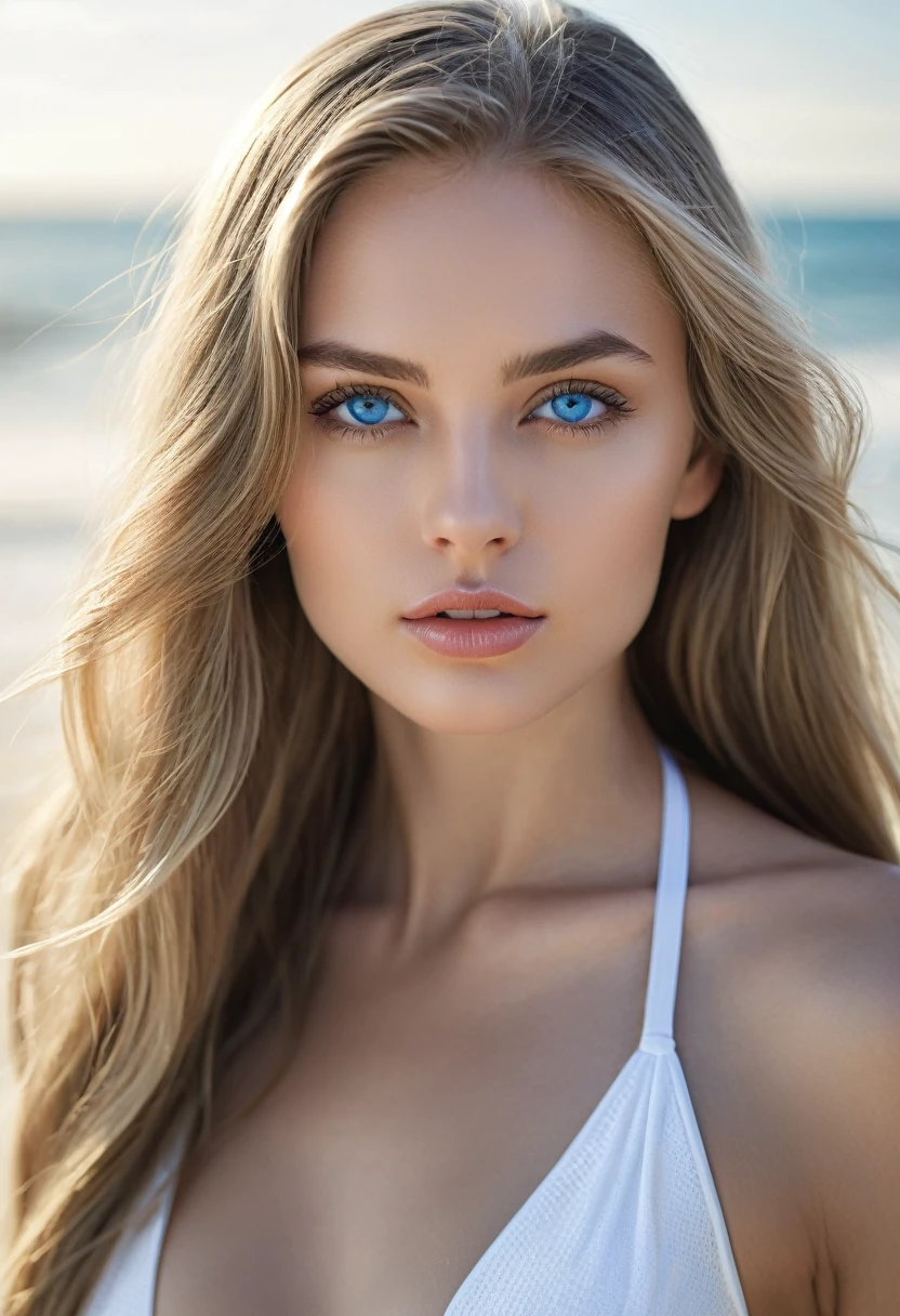 (best quality,ultra-detailed,photorealistic),young woman,beautiful blue eyes,detailed lips,pensive expression,soft lighting,smooth skin,long flowing hair,wearing a white bikini,at the beach