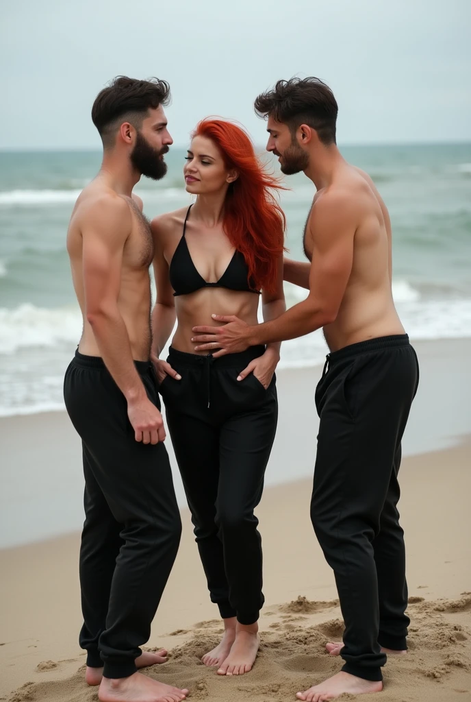 Red haired on the beach, sexy, barefoot, black sweatpants, 2 women without bras. 2 men touching a woman