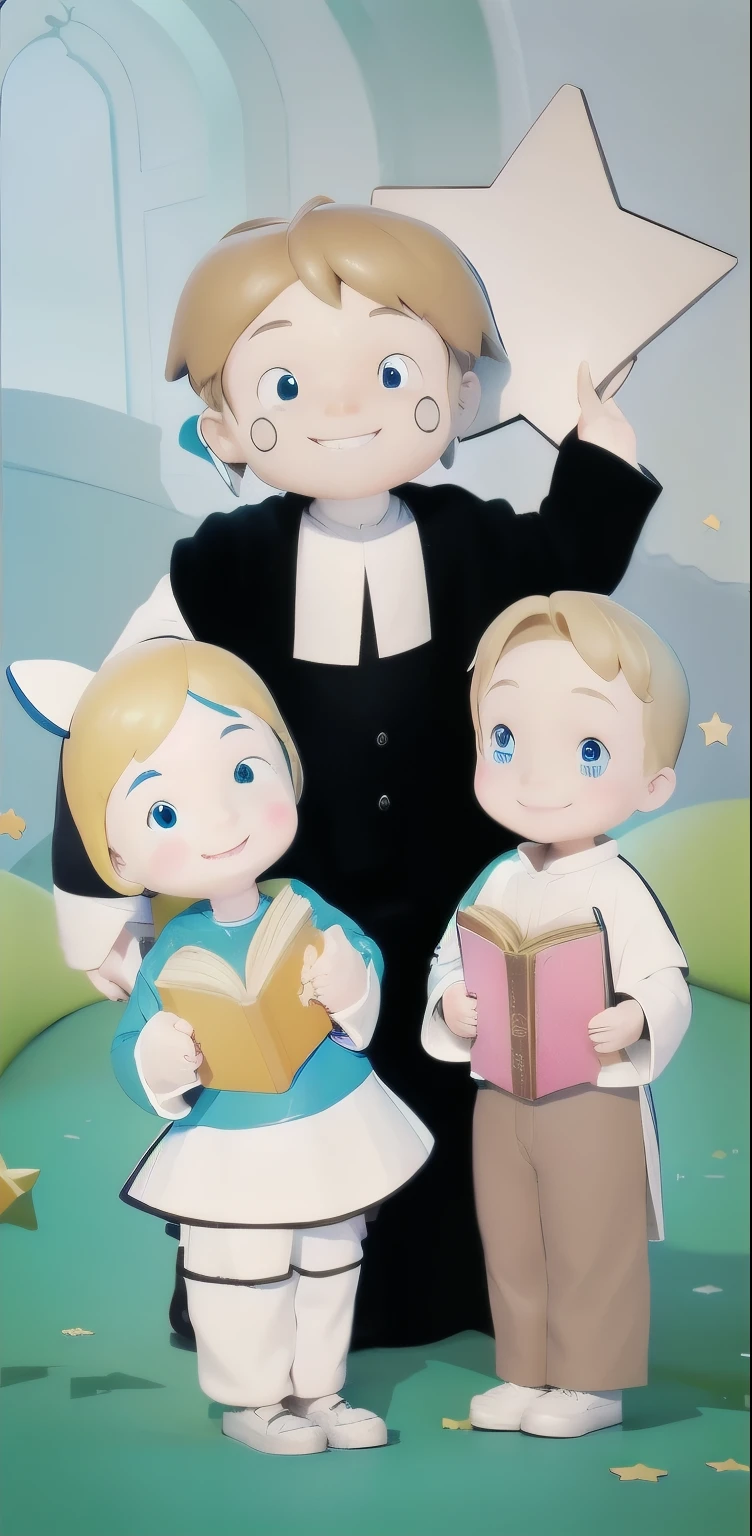 3d, 3d cartoon, a priest and a boy and girl smiling holding a star and a book