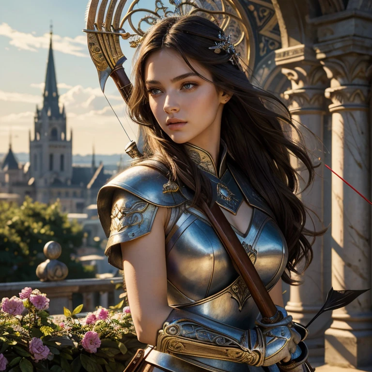 (​masterpiece, best quality:1.5), highest quality, High resolution, super detailed, Realists, Full body photo of a 22 year old brunette warrior, detailed and beautiful eyes, beautiful detailed lips, very detailed eyes and face, longeyelashes, Woman in noble white armor, Edle Details im Metal. Beautiful and colorful makeup, Instructions for bow and arrow, Gardens as background, soft daylight, bright colors, fine brushstrokes, Portrait style, beautiful color palette, glowing skin, First-class rendering, that captures every detail, enchanting atmosphere, subtle shadows and lights, (perfect anatomy:1.2), (The stunning warrior holds a sword in her hands.  (magnificent panorama view:1.2)