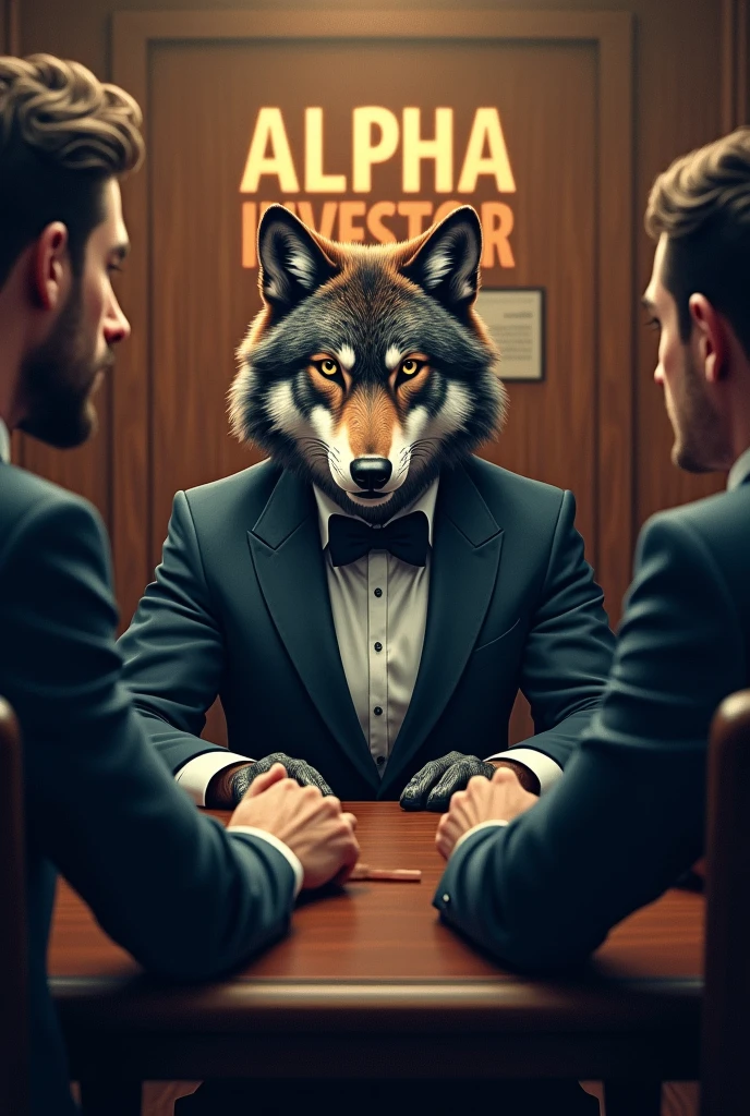 Banner 16:9 of a wolf in a suit and bow tie closing a deal with an executive with the words 'Alpha Investor' in the background, Digital illustration, Realistic, Detailed, vintage, Office lighting