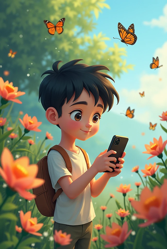 A french cut beard anime boy taking photos of insects in nature by mobile.there are lots of multicoloured flowers around him and butterflies flying around him.