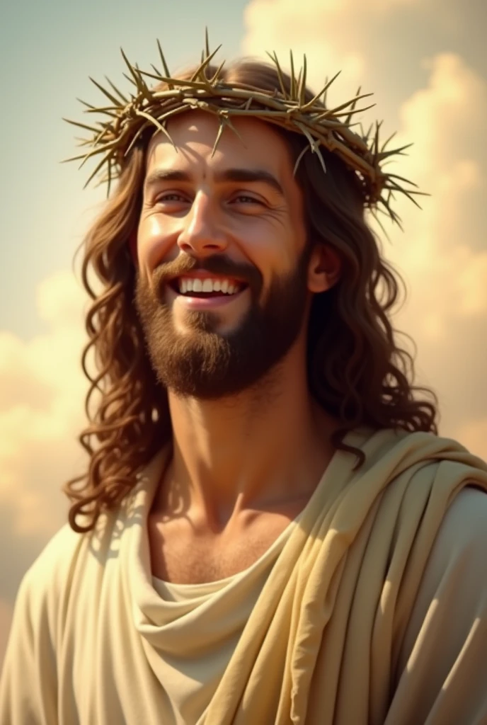 "Create an image of Jesus with a soft, welcoming smile, even while wearing a crown of thorns. He should have an expression that conveys peace and compassion, despite the pain symbolized by the crown. Dress him in a simple, flowing robe in soft tones. The background could be a peaceful scene, such as a dawn sky or a heavenly setting. The image should reflect a combination of suffering and hope, showing Jesus' strength and love."