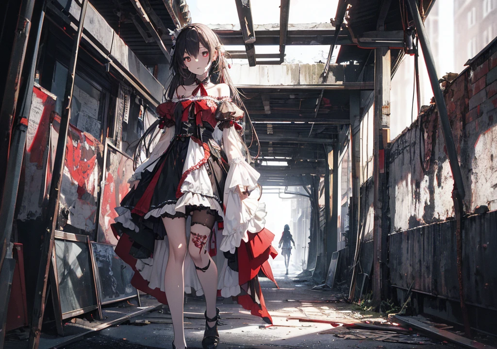 Realistic photos, Focus distance 10mm, Red and white, Beautiful girl, Realistic photos, Shooting at focus distance 10mm, masterpiece, 最high quality, high quality, Very detailed CG 8k wallpaper unit, Award-winning photography, Depth of written boundary, High resolution, bloom, chromatic aberration, Realistic, Very detailed, Art Station Trends, CGsociety Trends, Complex, High detail, dramatic, Art on the go, volumetric lighting, In a dark underground passage, a beautiful zombie girl walks with her hands on the cold wall, staring blankly ahead. The sound of dripping water echoes around her