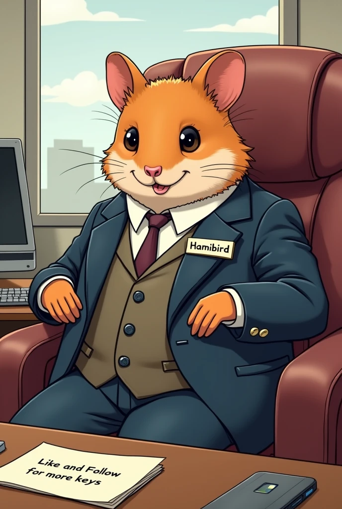 Create a picture of an hamster that looks like a bird in an office sitting in the boss chair with a suit on, on tge suit tgere should be a tag written hamibird
And below the picture there should be a note saying like and Follow for more keys
