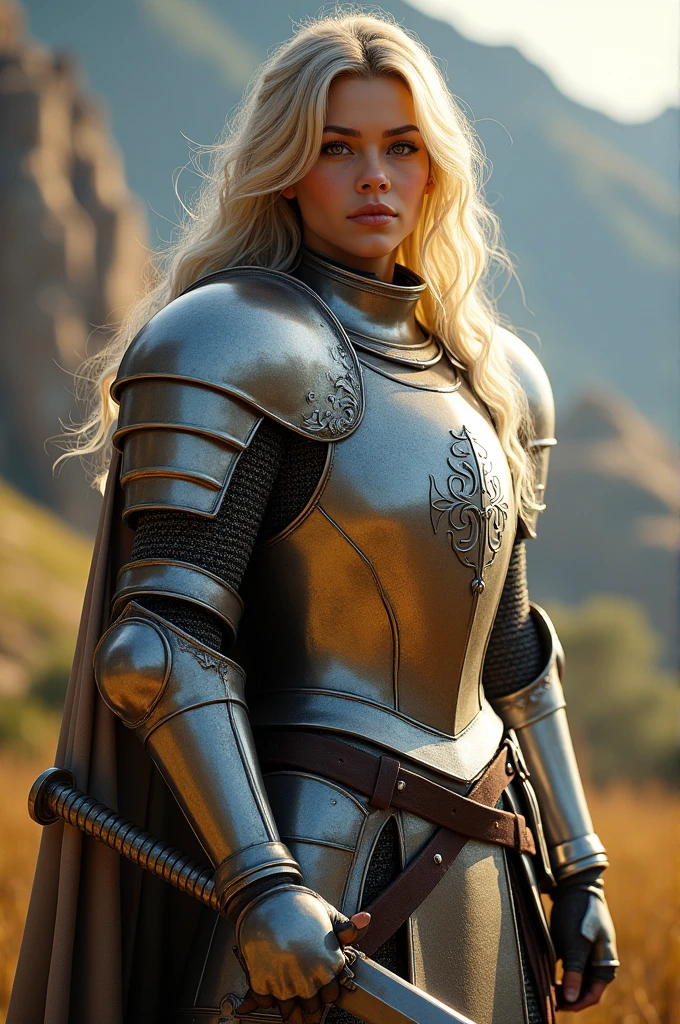 Create a beautiful 28 year old knight, with beautiful blonde hair, with armor