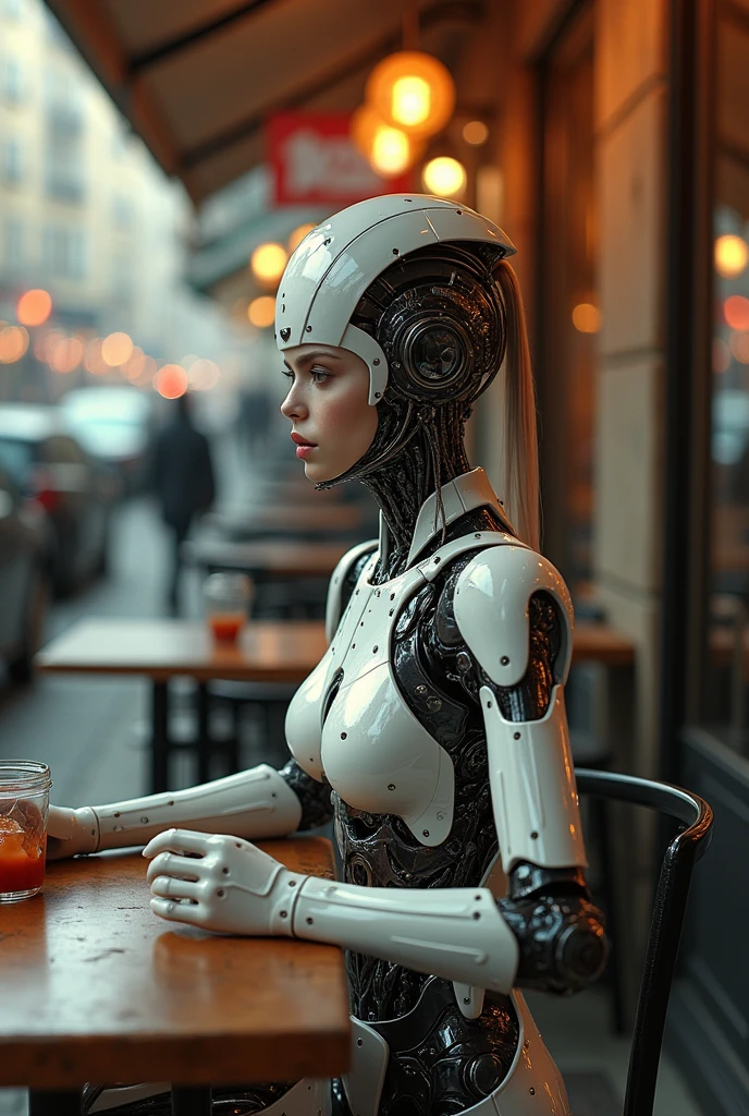 A cyborg girl sits at a table in a street cafe, Best quality, high quality, absurdity, happiness, masterpiece, Beautiful, complex parts, 1/2 body trimmings, slender body, Beautiful figure, Magnificent Anatomy, (complex parts:1.12), HDR, (complex parts, hyperdetailing:1.15), (natural skin textures, hyperrealistic, soft light, spicy:1.2)