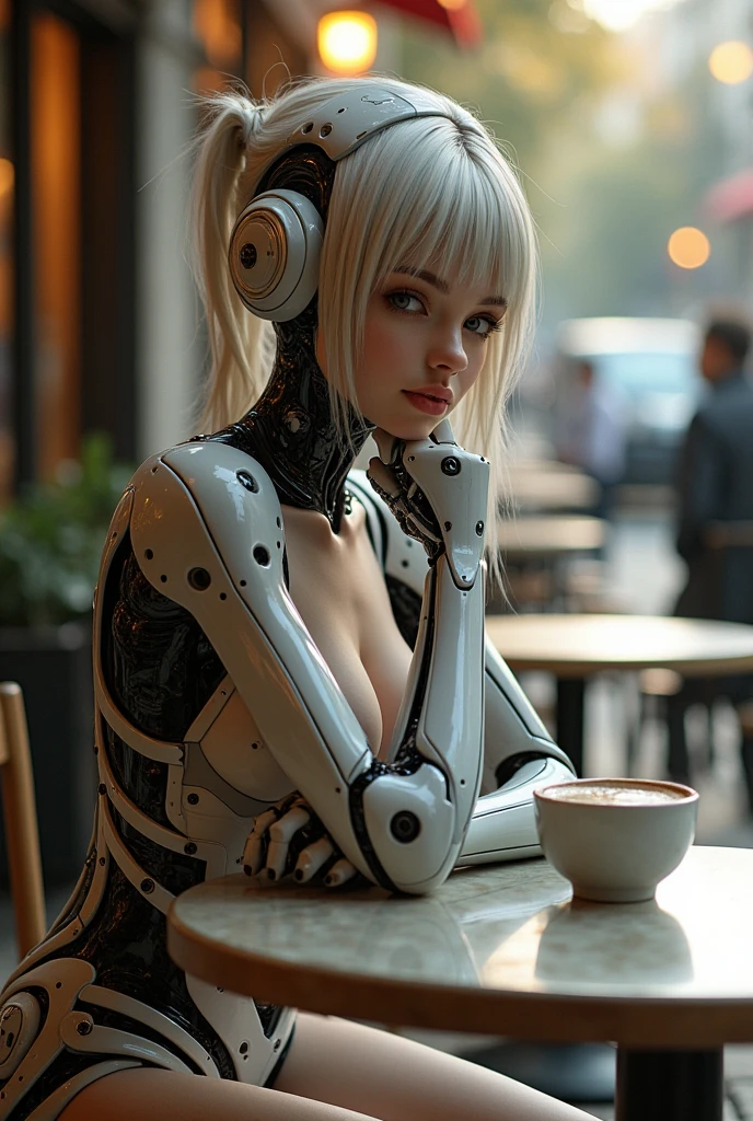 A cyborg girl sits at a table in a street cafe, Best quality, high quality, absurdity, happiness, masterpiece, Beautiful, complex parts, 1/2 body trimmings, slender body, Beautiful figure, Magnificent Anatomy, (complex parts:1.12), HDR, (complex parts, hyperdetailing:1.15), (natural skin textures, hyperrealistic, soft light, spicy:1.2)