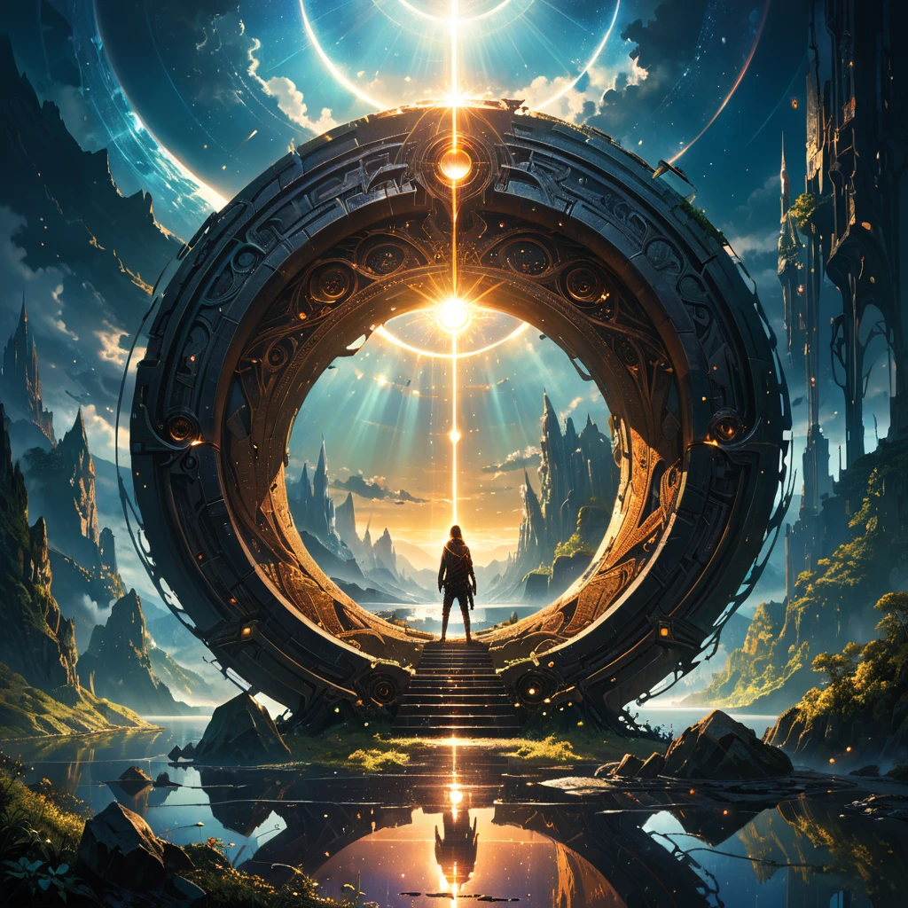 Masterpiece,Best Quality,Hyper Detailed,Cinematic Light,Intricate Detail,Highres,Official Art,Finely Detailed,High Resolution Illustration,8k,Lens Flare,Light Particles,Dark Intense Shadows,Particles,Detailed Background,Detailed Glow,Detailed Reflection,Detailed,Mysterious Landscape Photography, Incredible futuristic images appear on the Miracle Stone, shadowy, atmospheric, dark colors,Aaron Horkey's painting depicting,powerful portal to another world,