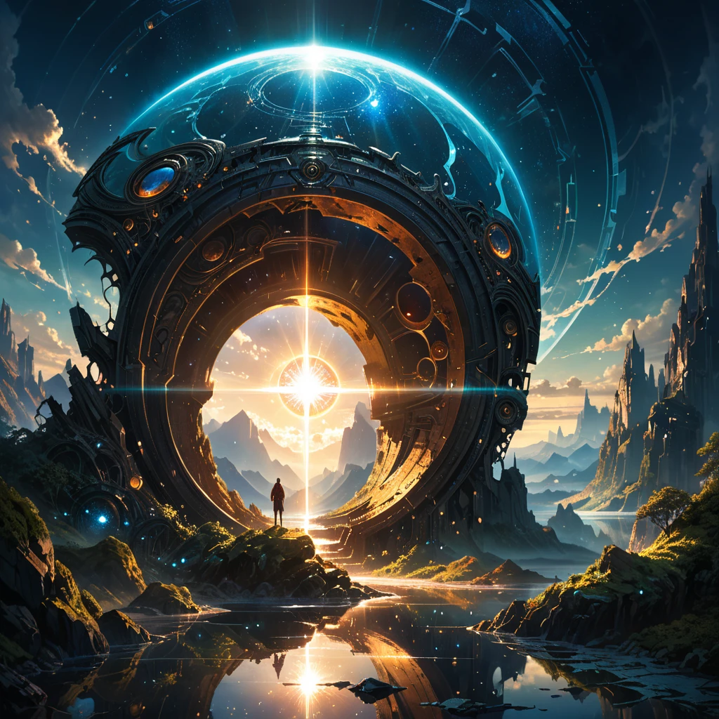 Masterpiece,Best Quality,Hyper Detailed,Cinematic Light,Intricate Detail,Highres,Official Art,Finely Detailed,High Resolution Illustration,8k,Lens Flare,Light Particles,Dark Intense Shadows,Particles,Detailed Background,Detailed Glow,Detailed Reflection,Detailed,Mysterious Landscape Photography, Incredible futuristic images appear on the Miracle Stone, shadowy, atmospheric, dark colors,Aaron Horkey's painting depicting,powerful portal to another world,