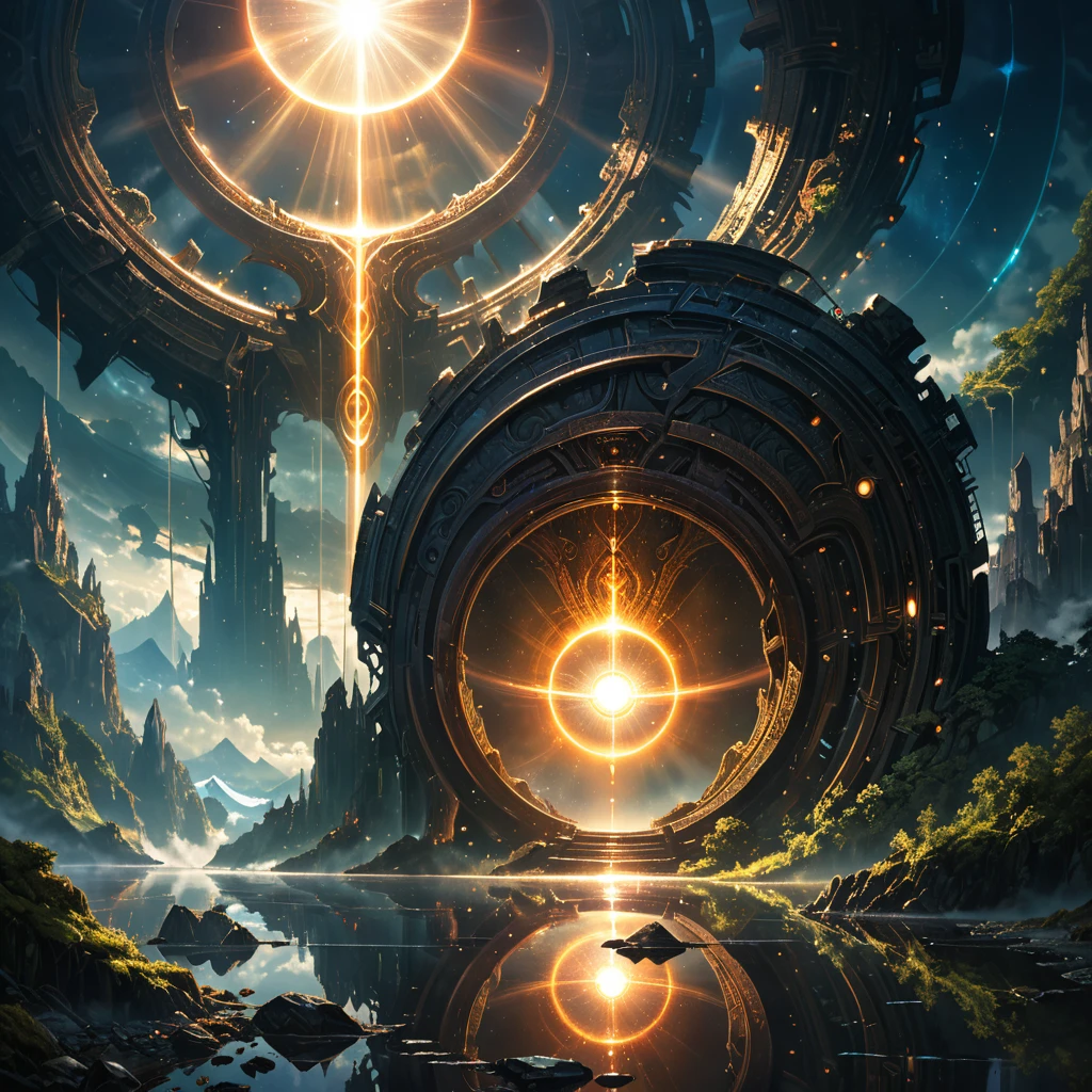 Masterpiece,Best Quality,Hyper Detailed,Cinematic Light,Intricate Detail,Highres,Official Art,Finely Detailed,High Resolution Illustration,8k,Lens Flare,Light Particles,Dark Intense Shadows,Particles,Detailed Background,Detailed Glow,Detailed Reflection,Detailed,Mysterious Landscape Photography, Incredible futuristic images appear on the Miracle Stone, shadowy, atmospheric, dark colors,Aaron Horkey's painting depicting,powerful portal to another world,
