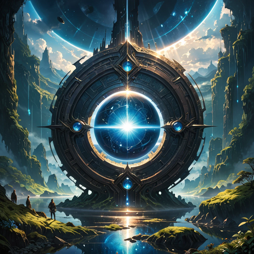 Masterpiece,Best Quality,Hyper Detailed,Cinematic Light,Intricate Detail,Highres,Official Art,Finely Detailed,High Resolution Illustration,8k,Lens Flare,Light Particles,Dark Intense Shadows,Particles,Detailed Background,Detailed Glow,Detailed Reflection,Detailed,Mysterious Landscape Photography, Incredible futuristic images appear on the Miracle Stone, shadowy, atmospheric, dark colors,Aaron Horkey's painting depicting,powerful portal to another world,