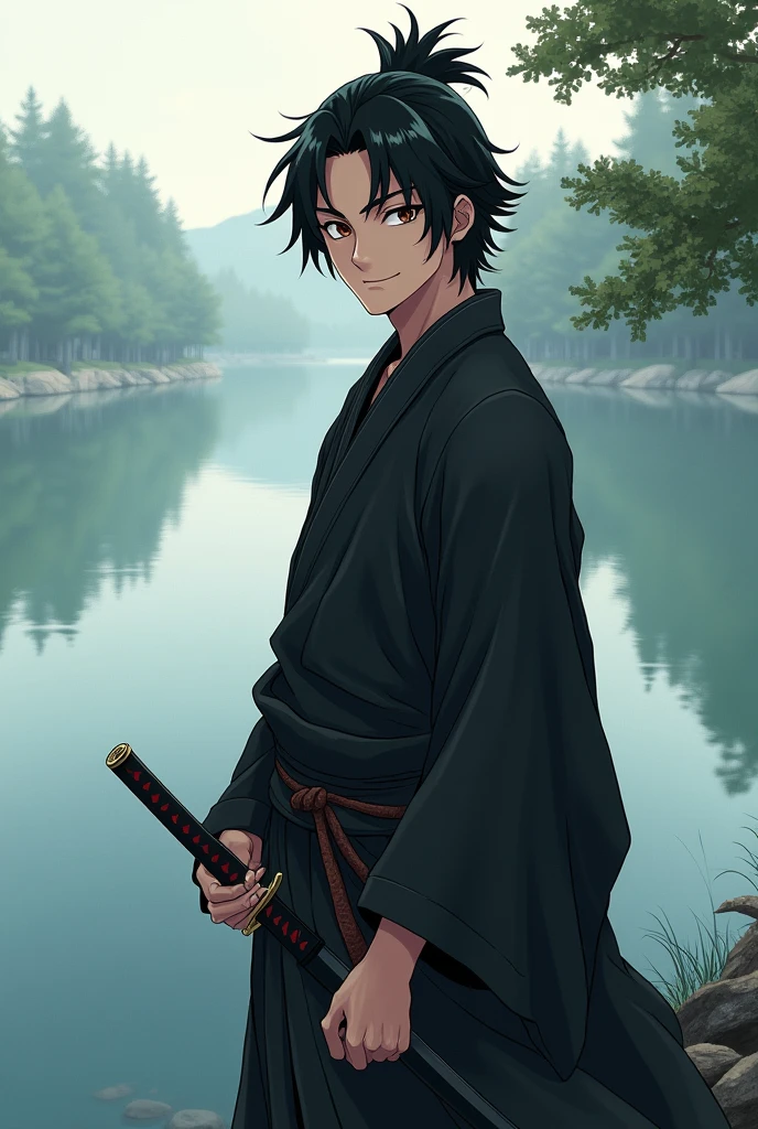 Create an image of a slightly muscular white man with black hair like Miyamoto Musashi from Vagabond, brown eyes in anime style smiling from the corner with 1.80 meters wearing light black clothing covering the body and a cape, holding a katana beside a lake