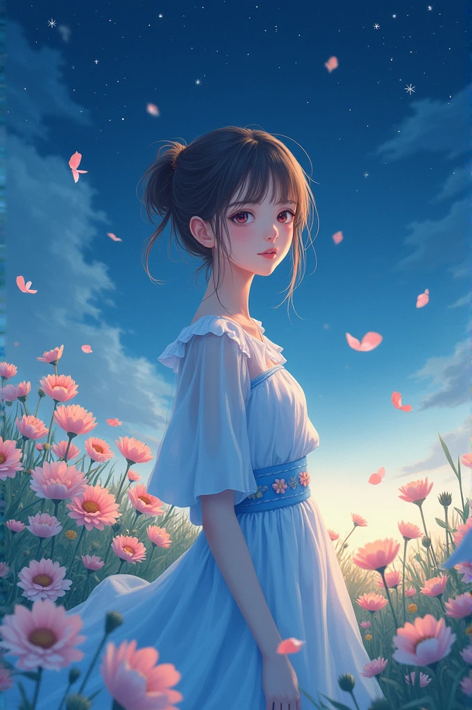 Create a realistic image of a Japanese woman, light brown hair, far away, smooth ass, with bangs, light skin tone and black eyes. In a field of flowers under the starry sky, wearing a light blue dress. The scene will highlight his softness and talent as a Lead Vocalist and Maknae..