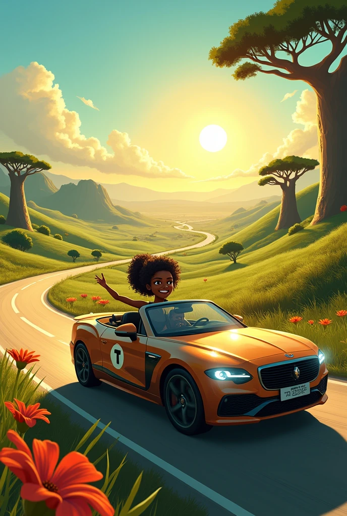 Create an inspiring image for the ride company 'Tweende,' which means 'let's go.' The scene features a cheerful driver in a sleek car wrapped with the word 'Tweende' on the side, embarking on a long, scenic journey through Zambia's stunning landscapes. The road ahead winds through lush green hills, with the sun casting a warm glow over vast plains, dotted with majestic baobab trees and vibrant wildflowers. The car is in motion, capturing a sense of adventure and freedom, with the driver smiling joyfully as they explore the open road. The atmosphere is serene yet full of excitement, inviting viewers to join the journey with Tweende and experience the beauty of the journey, not just the destination