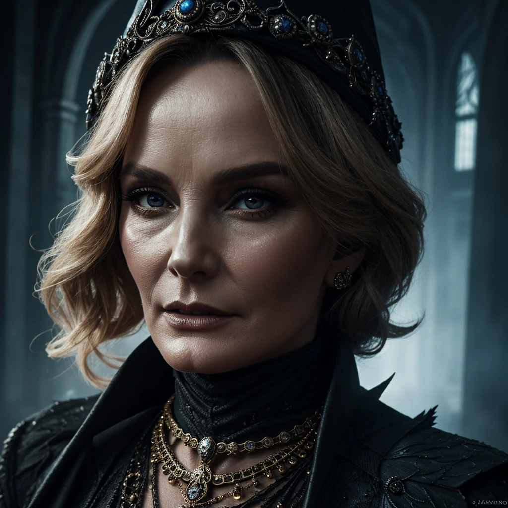 a futuristic witch, jessica lange, photorealistic portrait, detailed beautiful face, detailed eyes, detailed lips, intricate jewelry, ornate headpiece, dramatic lighting, moody atmosphere, cinematic, science fiction, dark fantasy