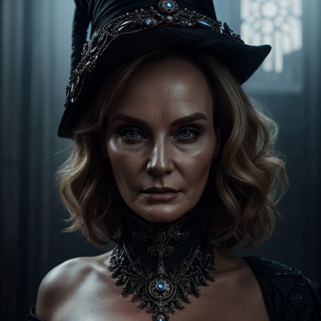a futuristic witch, jessica lange, photorealistic portrait, detailed beautiful face, detailed eyes, detailed lips, intricate jewelry, ornate headpiece, dramatic lighting, moody atmosphere, cinematic, science fiction, dark fantasy