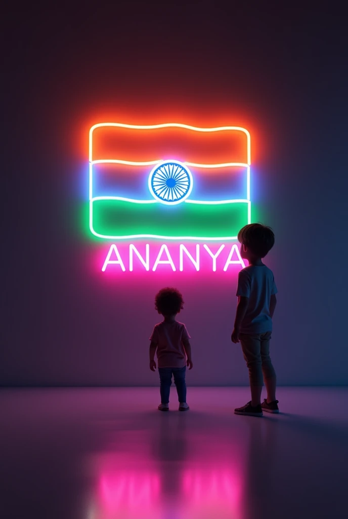 "Create a modern 3D scene featuring a neon sign of the Indian flag with the name 'ANANYA' illuminated below it. The neon sign should showcase the tricolor of the flag with the Ashoka Chakra in the center. Place the sign on a wall in a dimly lit room, with a child standing in front, gazing up at the sign. The overall ambiance should be minimalistic with a focus on the vibrant neon colors and the reflective floor, evoking a sense of admiration and patriotism."